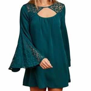 Altar'd State Elkhart Dress Bell Sleeves Deep Teal Mini Dress